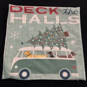 Deck the Halls Pillow Cover•18”x18”•Green/Red/White Bus/Dogs/Christmas Tree